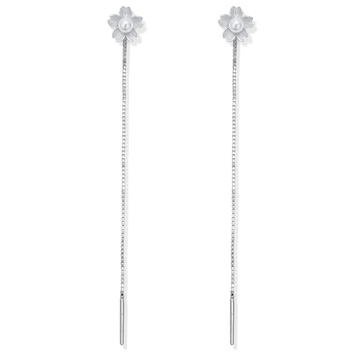 Flower Pearl with Dangling Chain Silver Earring STC-2198